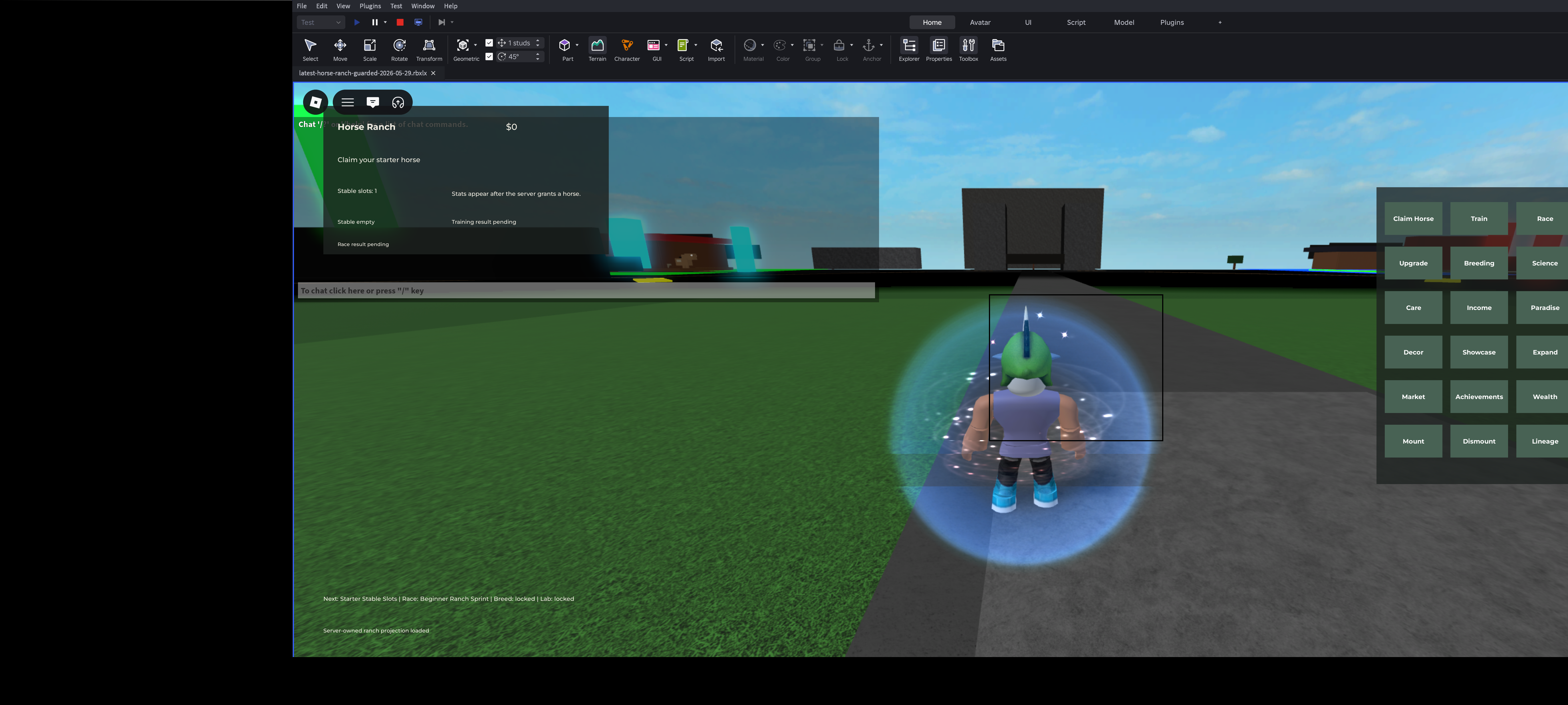 Roblox Studio play-mode screenshot of the Horse Ranch client-visible riding review surface