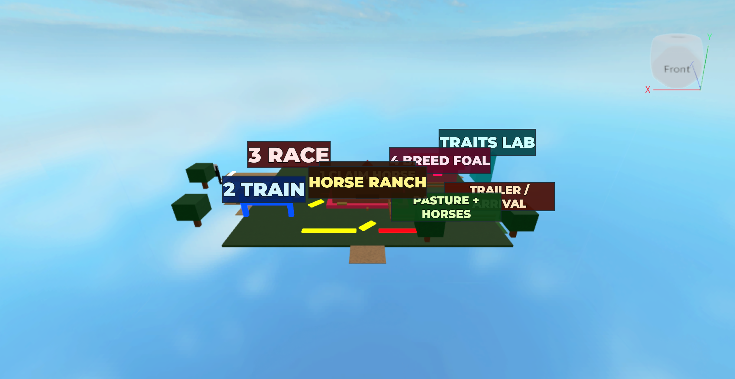 Roblox Studio first-view Horse Ranch screenshot with compact labels, ranch landmarks, route, trailer, race lane, and lab area
